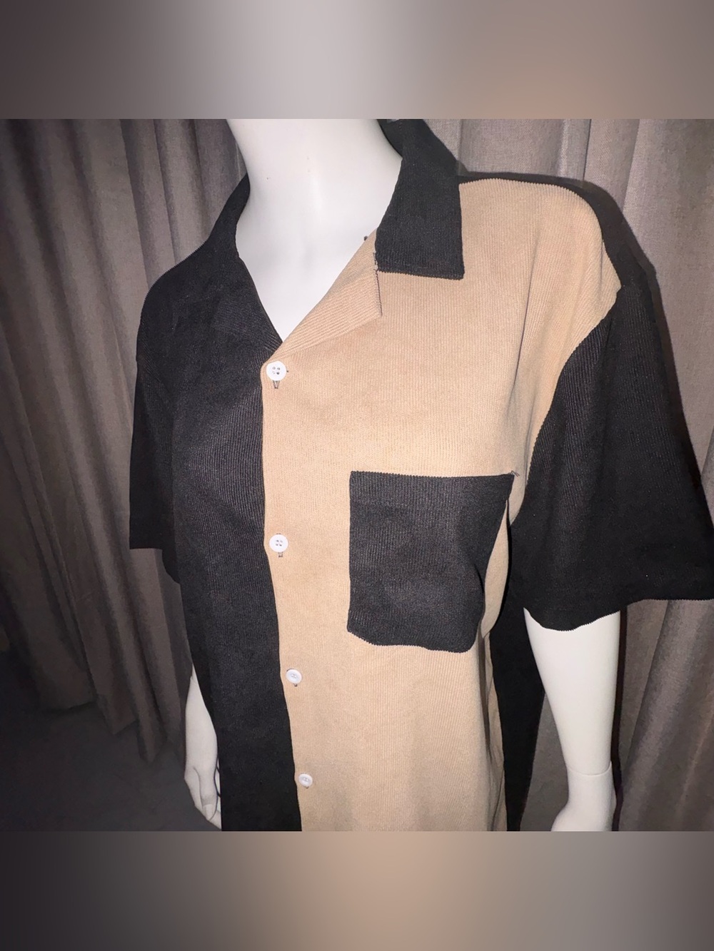 Men's Two-Tone CORDUROY Short Sleeve Button-Up Shirt - Black & Tan SZ XXL - Picture 2 of 7